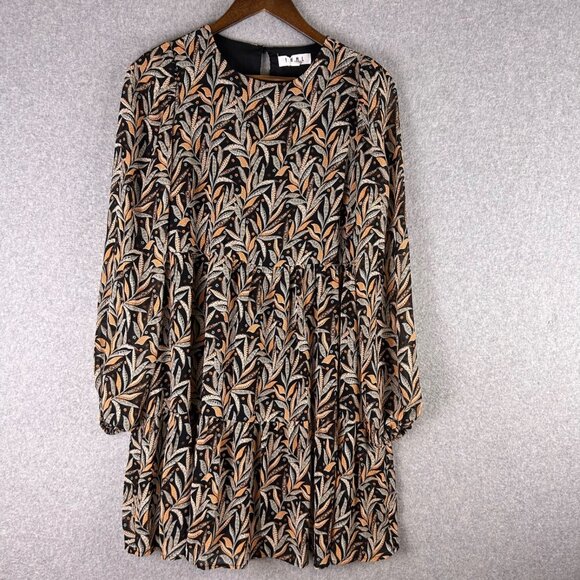 THML Mini Dress Women’s Small Black Leaf Print Long Sleeve Babydoll Tiered Boho - Picture 1 of 16